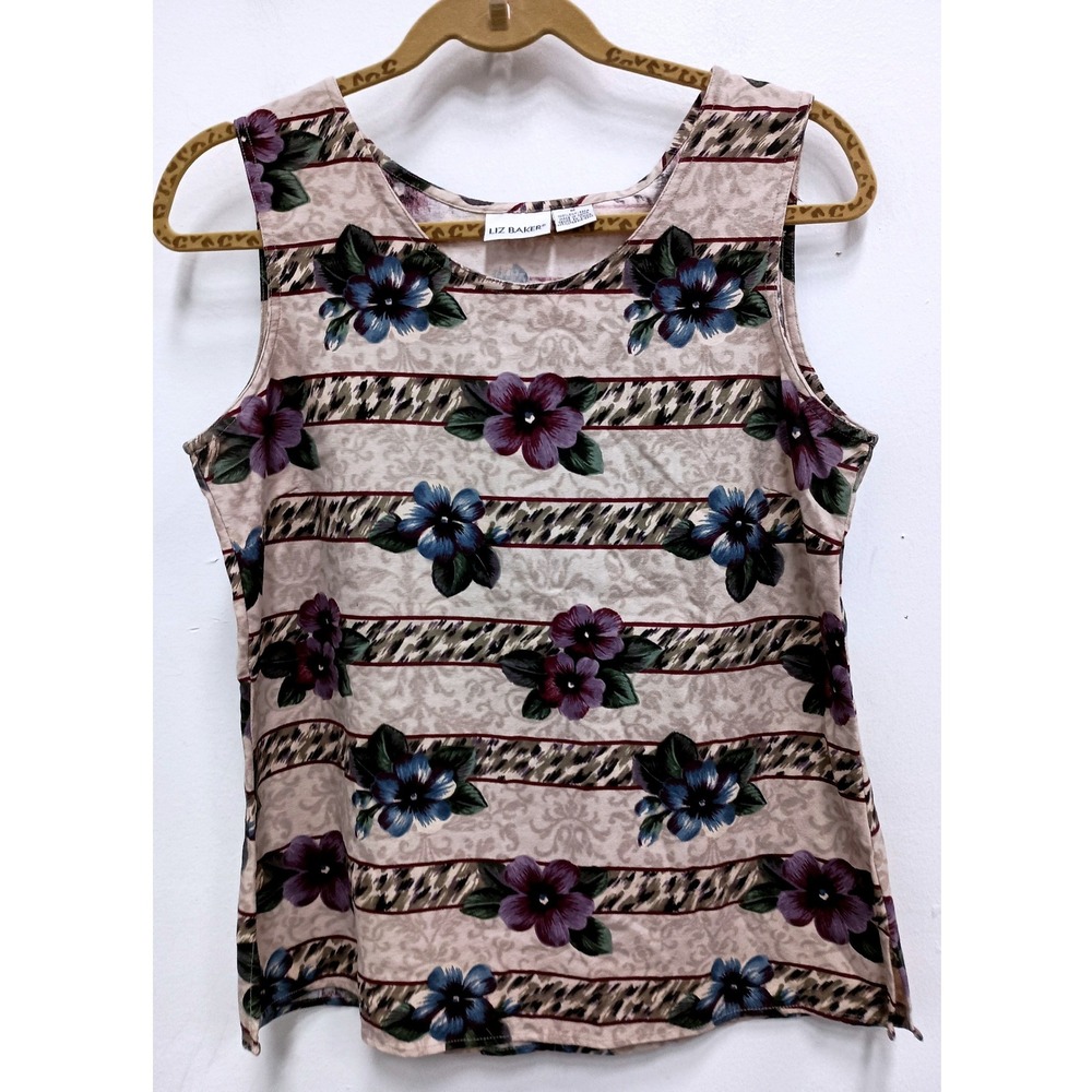 Vintage 90s Liz Baker Tank Top Womens Medium Tan Floral Silk BOHO Sleeveless